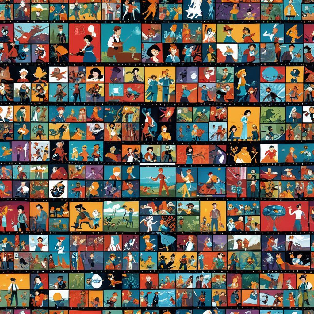 A captivating montage of various animated characters transitioning from traditional hand-drawn styles to sleek digital designs, with a vibrant film reel unfurling in the background. Include iconic scenes from classic animations blending into modern interactive graphics, showcasing a diverse range of genres to appeal to all ages. The setting should evoke nostalgia while highlighting innovation in animation. super-realistic. vibrant colors. dynamic composition.
