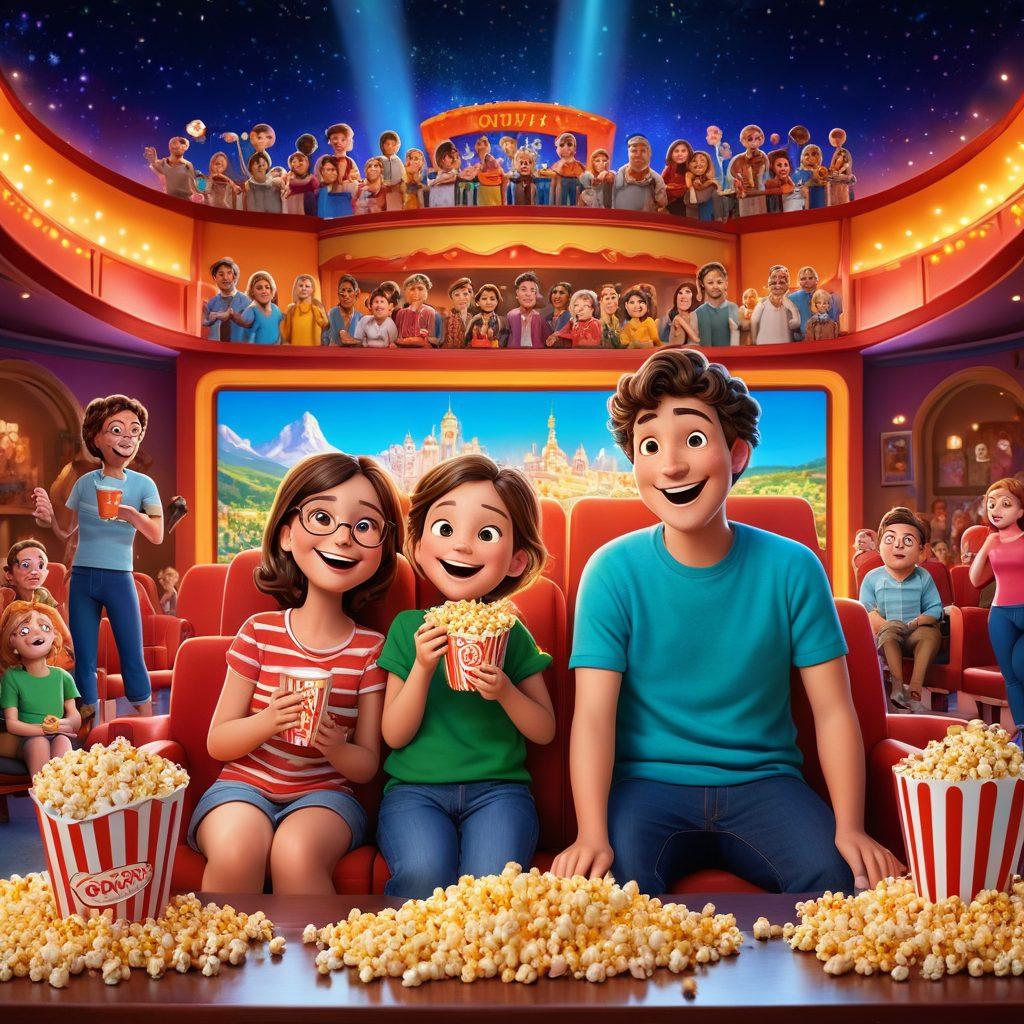 A vibrant movie theater scene featuring a diverse family joyfully watching animated films on a large screen. Include characters from famous animated movies surrounding them, popcorn and drinks in their hands, and colorful film posters on the walls. Bright, playful colors and a whimsical atmosphere radiate happiness and fun. cartoon style. vibrant colors. cinematic focus.