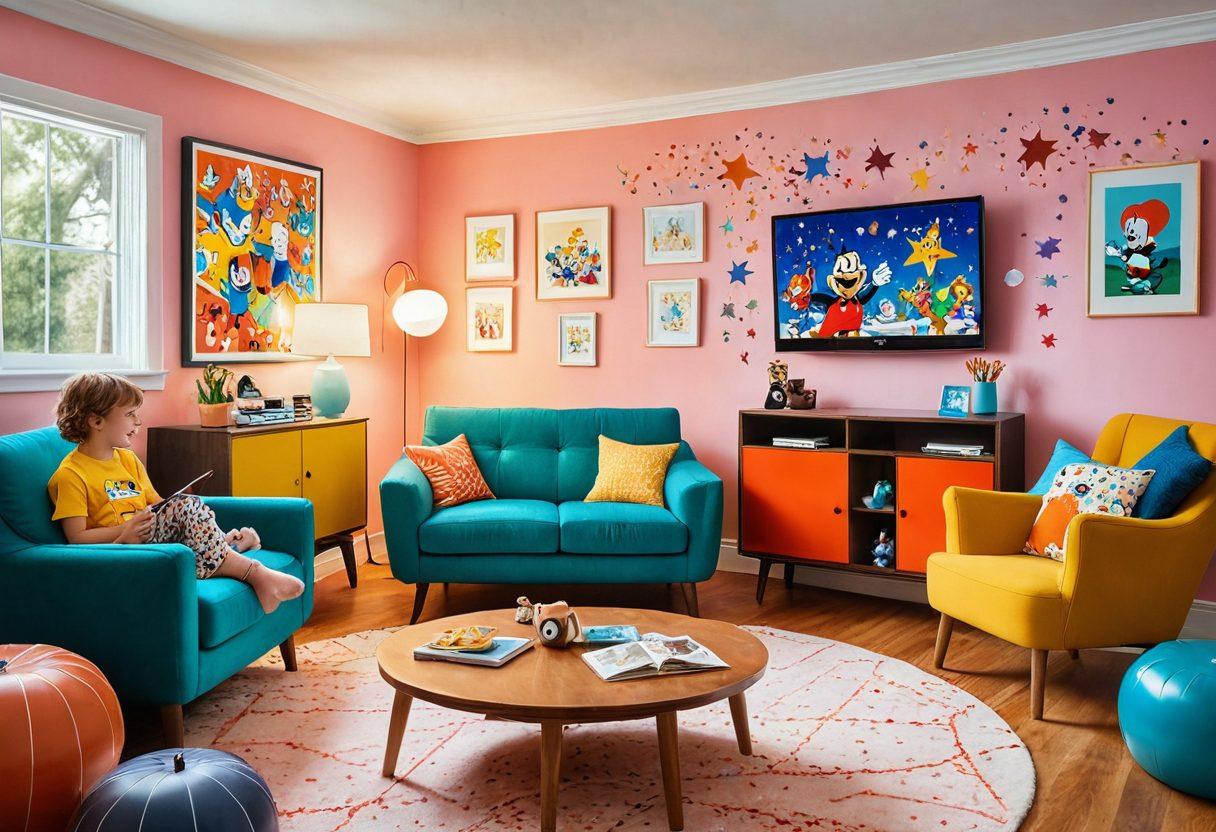 A colorful and whimsical scene featuring a playful collage of iconic cartoon characters from different eras, surrounded by vibrant stars and bubbles. Include elements like a TV screen displaying a cartoon scene, kids laughing and pointing excitedly, and a cozy living room setting to capture the essence of family viewing. Bright, engaging colors and an energetic atmosphere to appeal to children and their families. vector art. vibrant colors. playful design.